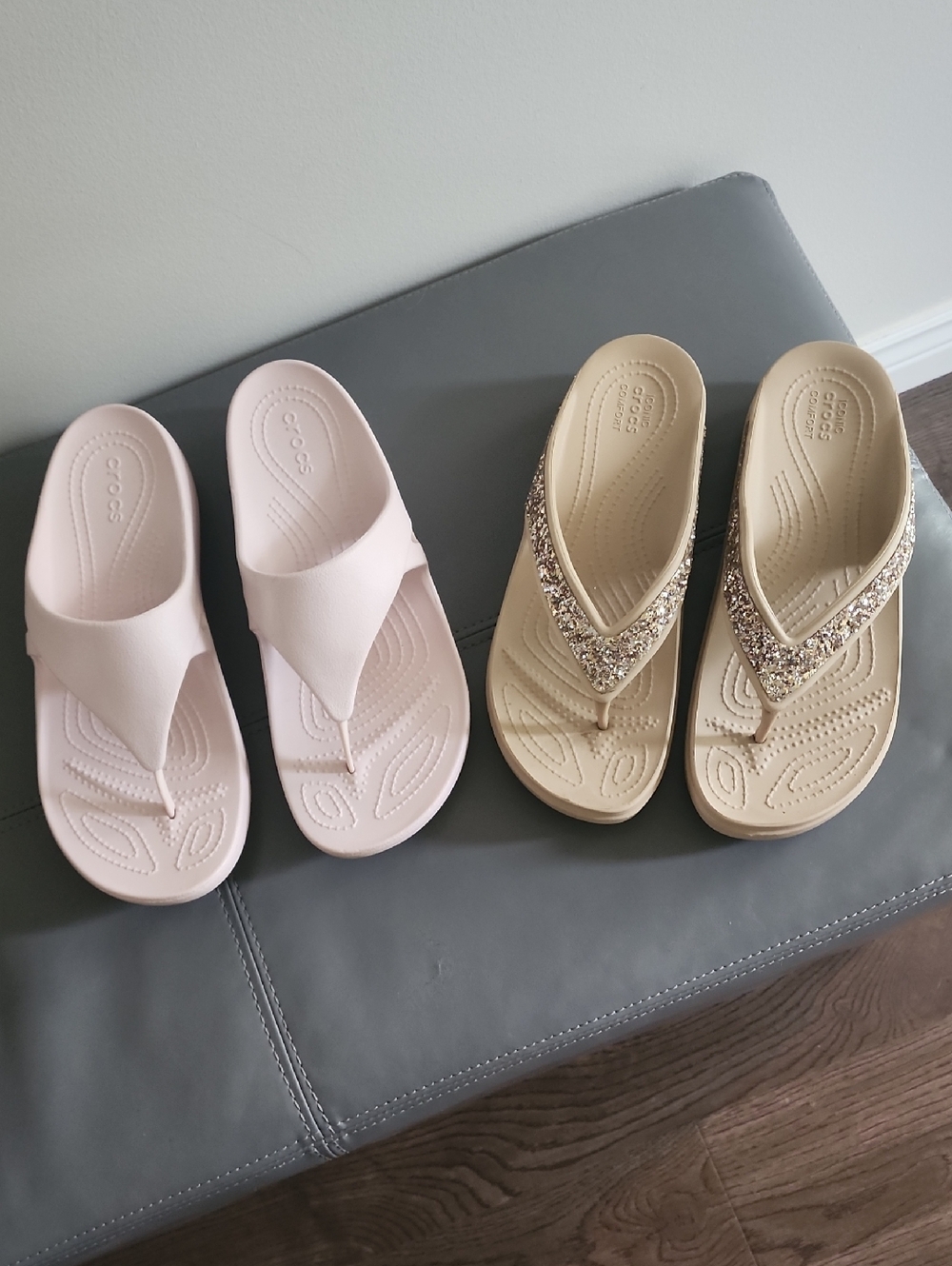CROCS Women's Pink Foam Flip Flops & CROCS Beige Glitter Thong Sandals